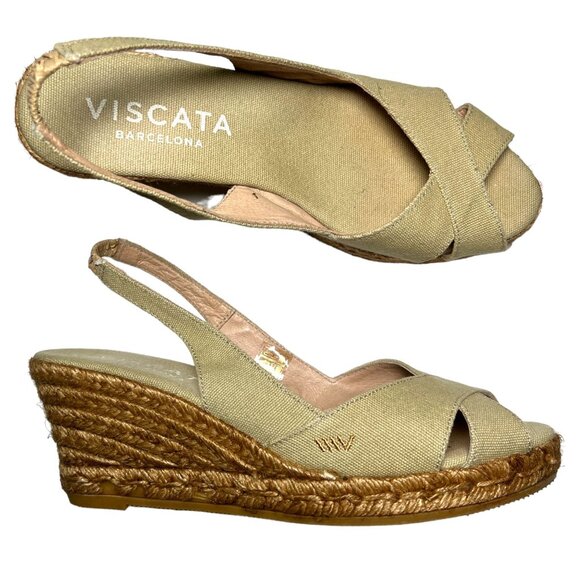 Viscata Calella Slingback Open Toe Wedge Espadrilles Khaki Canvas US 9 EU 40 - Picture 1 of 14